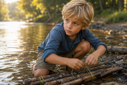 Kind baut ein Floß aus Ästen am Wasser.
