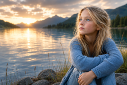 Kind sitzt still am Seeufer und schaut in die Ferne – Wasser-Kind im taoistischen Gesichterlesen