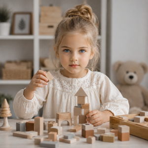 Gesichterlesen bei Kindern: kleines Metall-Kind mit klaren blauen Augen sortiert konzentriert Holzbausteine